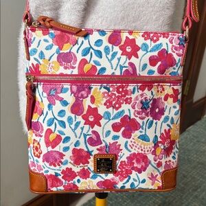 Dooney & Bourke Pink & Red Floral Crossbody Bag/tan leather trim S-M size EUC